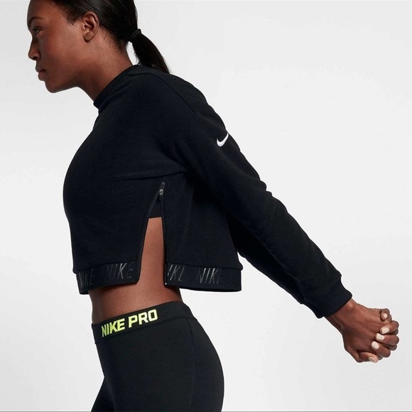 NIKE Black Polar Fleece Crop Side Zipper Pullover Crop Sweatshirt - Picture 1 of 8